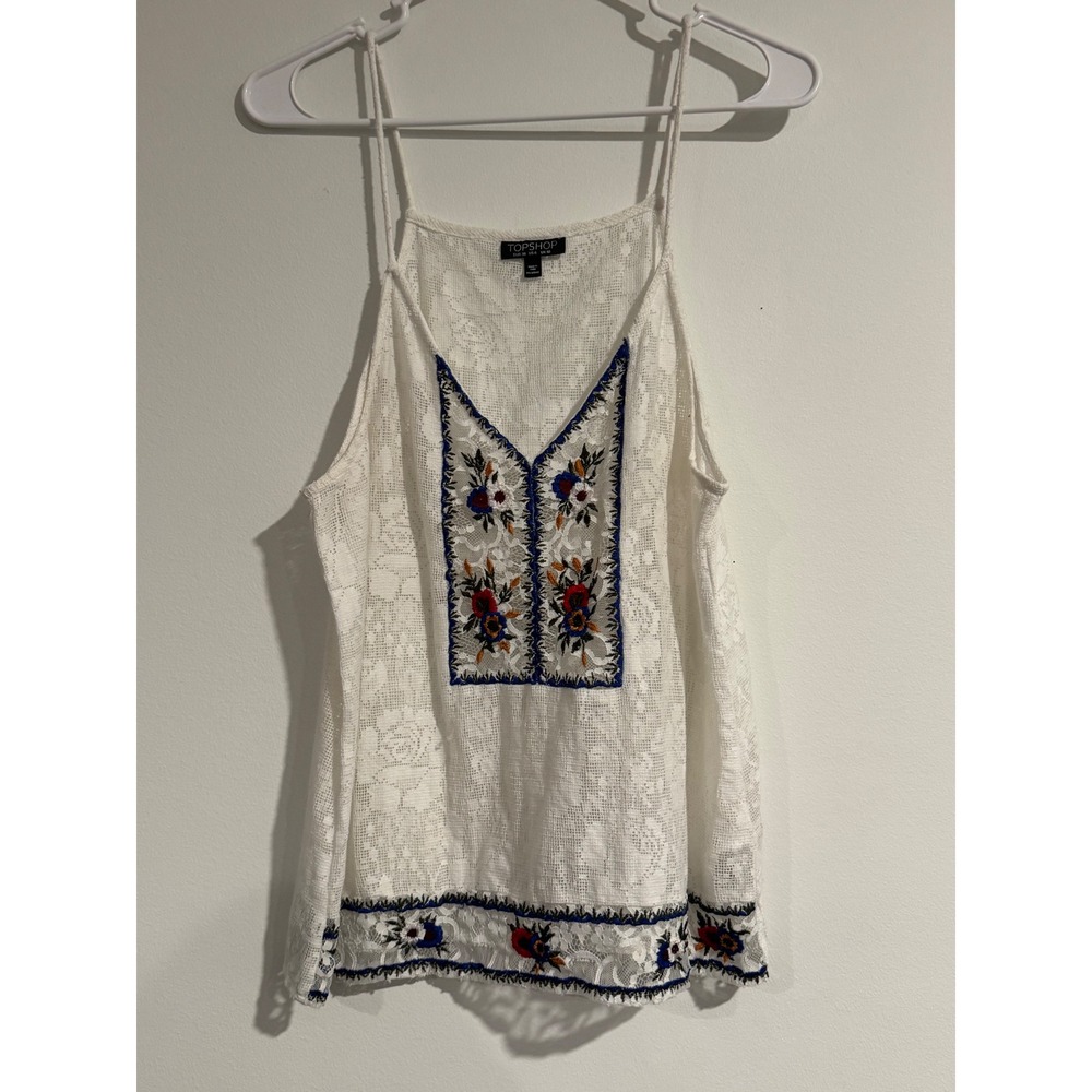 Topshop Embroidered Lace Camisole Women 6 White Floral Boho Tank Top Cottagecore